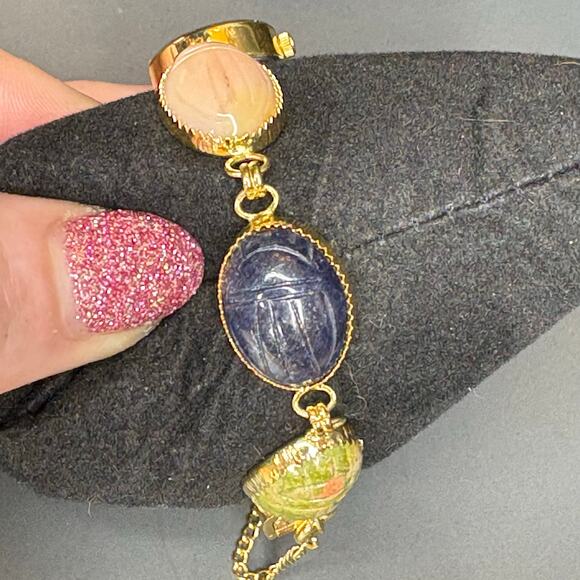 Vintage La Marque Scarab Watch Carved Stone Scarab Watch 6.75" - Picture 5 of 6